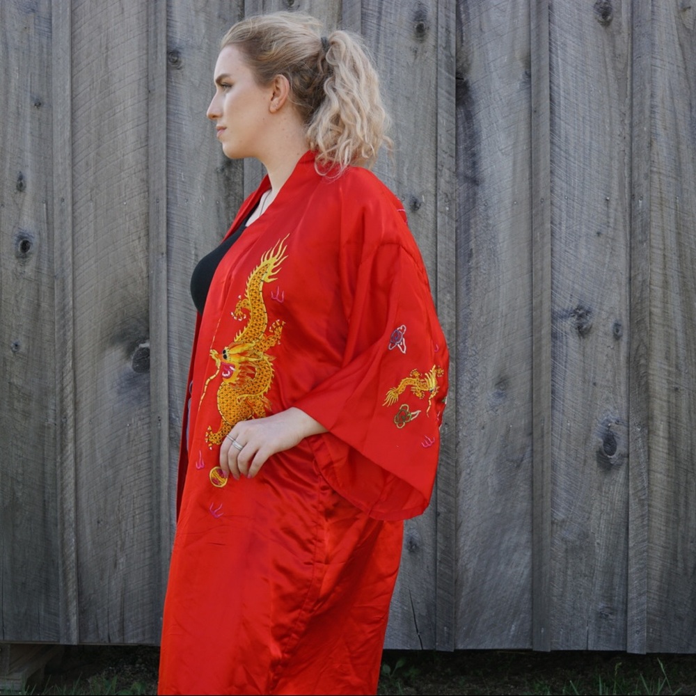 Vtg golden bee silk maxi kimono cardigan duster sm - Picture 3 of 12